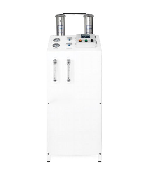 The 2,400 GPD Reverse Osmosis Commercial System with Premier Features Included by Premiere Sales is a white industrial machine featuring two cylindrical components on top, gauges, buttons, and two flow meters on the front panel. This system ensures a high recovery rate while being environmentally friendly.