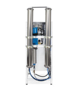 The 2,400 GPD Reverse Osmosis Commercial System with Premier Features Included by Premiere Sales is an environmentally friendly solution, featuring two vertical stainless steel cylinders and attached hoses, shown from the front view.