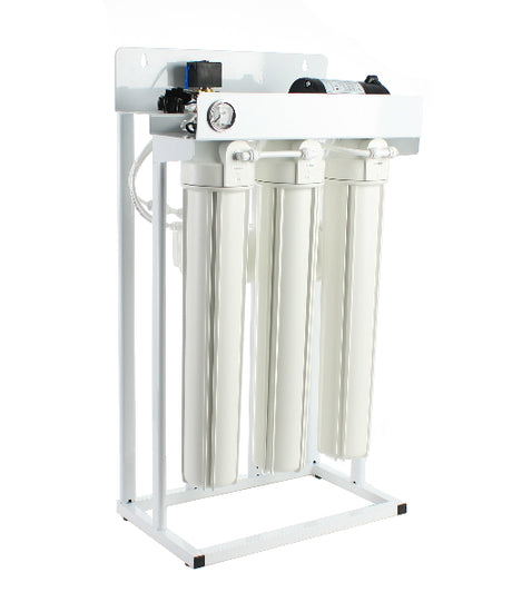 The 300 GPD Reverse Osmosis System - Commercial RO System by Premiere Sales features a white multi-stage water filtration system with three vertical canisters, a gauge, and an integrated TFC reverse osmosis membrane, all mounted on a sturdy metal frame.