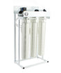 The 300 GPD Reverse Osmosis System - Commercial RO System by Premiere Sales features a white multi-stage water filtration system with three vertical canisters, a gauge, and an integrated TFC reverse osmosis membrane, all mounted on a sturdy metal frame.