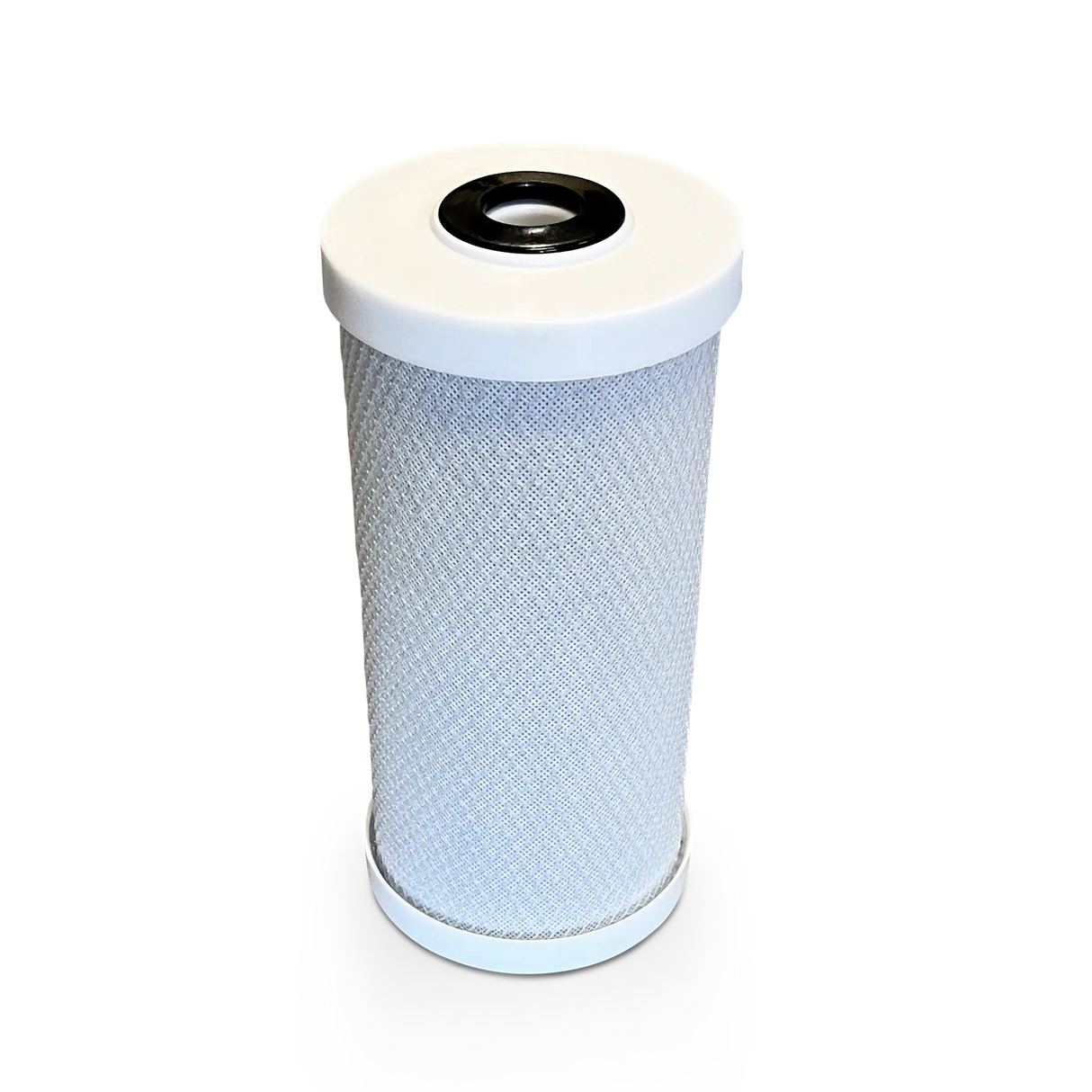 The 10" x 4.5" High Flow Activated Coconut Carbon Block Water Filter (5 Micron) from Premiere Sales, featuring white end caps and a textured surface, is displayed against a white background and designed for efficient chlorine reduction.