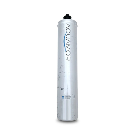 Tall cylindrical replacement water filter cartridge labeled "Premiere Sales," equipped with carbon block filtration for effective chlorine taste reduction, standing on a white background.