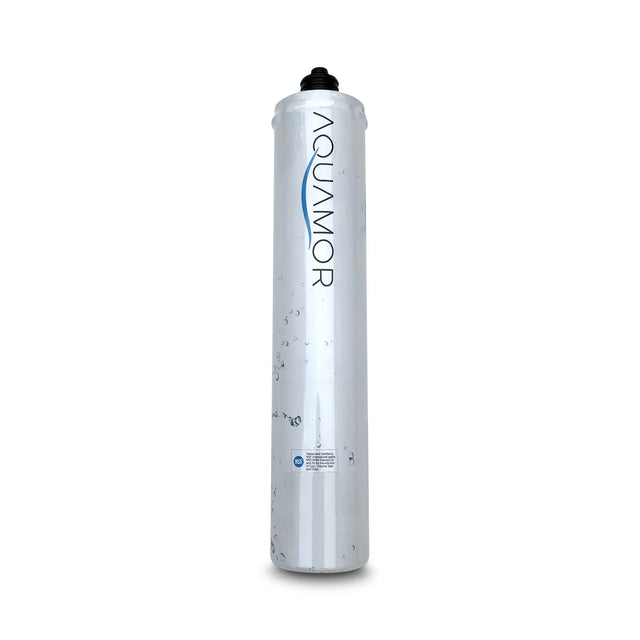 Tall cylindrical replacement water filter cartridge labeled "Premiere Sales," equipped with carbon block filtration for effective chlorine taste reduction, standing on a white background.