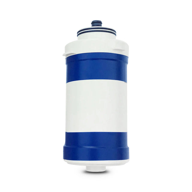 The Replacement Ultrafiltration Membrane for PS-500 & PS-500-RV by Premiere Sales is a white and blue cylindrical water filter cartridge with connectors on both ends, providing superior performance with its 0.02 micron filtration.