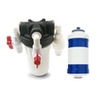 Two parts of the Compact Ultrafiltration Membrane Filter - 4 GPM by Premiere Sales are displayed: on the left, a black and white filter component with pipes and a red valve, designed to enhance membrane life by filtering out particulates, and on the right, a detached white and blue cartridge featuring a 0.02 micron ultrafiltration membrane.