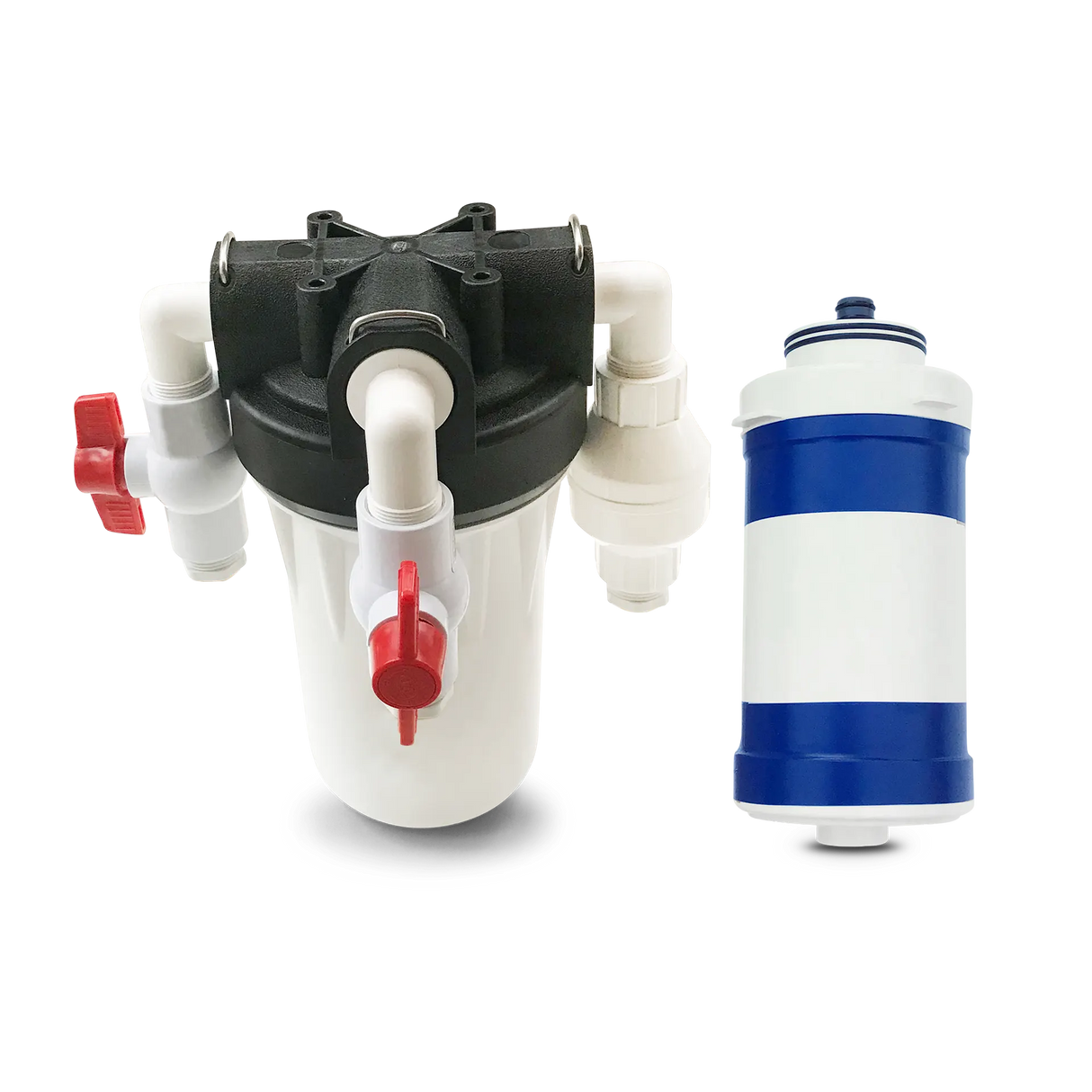 Two parts of the Compact Ultrafiltration Membrane Filter - 4 GPM by Premiere Sales are displayed: on the left, a black and white filter component with pipes and a red valve, designed to enhance membrane life by filtering out particulates, and on the right, a detached white and blue cartridge featuring a 0.02 micron ultrafiltration membrane.