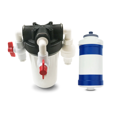 Two parts of the Compact Ultrafiltration Membrane Filter - 4 GPM by Premiere Sales are displayed: on the left, a black and white filter component with pipes and a red valve, designed to enhance membrane life by filtering out particulates, and on the right, a detached white and blue cartridge featuring a 0.02 micron ultrafiltration membrane.