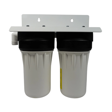 Introducing the 2-Stage RV Ultrafiltration System for Bacteria, Sediment, & Chlorine by Premiere Sales, featuring elegant white cylindrical housings with black caps, securely mounted on a durable white bracket. Equipped with an ultrafiltration membrane, this system delivers exceptional water purification. Ideal for seamless integration with RV hoses for convenient hydration on the go.