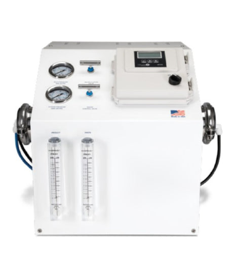 The 1,000 GPD Reverse Osmosis System with Premier Features Included by Premiere Sales is designed with gauges, meters, and a control panel on the top surface. It boasts a white casing and comes equipped with both digital and analog interfaces, promising low maintenance and eco-friendly operation.