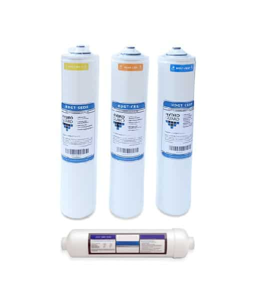 The Replacement Water Filters for PS-ALKRO (HDGT-45 + Alkaline Reverse Osmosis System) by Premiere Sales are displayed with three cartridges standing vertically and one laid horizontally. Each filter features unique labels that denote different stages or types of filtration. This kit ensures you receive beneficial minerals at every stage, including an alkaline inline post-filter for enhanced health benefits.