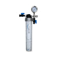 A cylindrical water filter from Premiere Sales with "ELEVATE YOUR ICE WITH A PREMIUM WATER FILTER FOR ICE MACHINE" written on it, featuring a pressure gauge and blue control valves, ensures a long-lasting filter life to effectively combat scale accumulation.