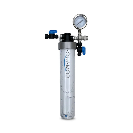 A cylindrical water filter from Premiere Sales with "ELEVATE YOUR ICE WITH A PREMIUM WATER FILTER FOR ICE MACHINE" written on it, featuring a pressure gauge and blue control valves, ensures a long-lasting filter life to effectively combat scale accumulation.