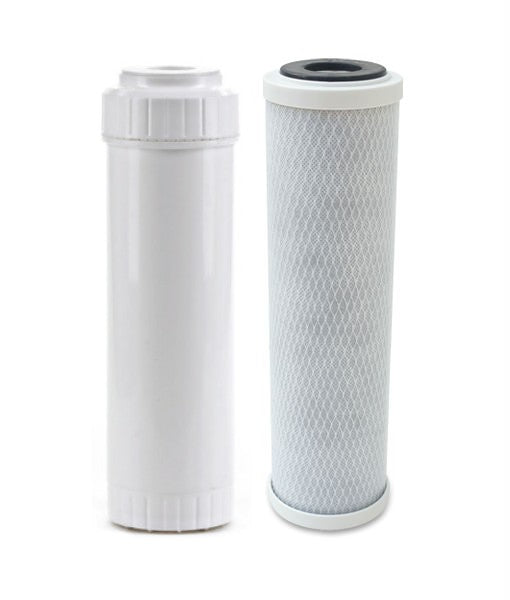 Two water filters side by side; the left one is a white, opaque cartridge, while the right one features a white mesh surface with visible grey internal components, illustrating the advanced design of Premiere Sales' Alkaline Water Filter Replacement Kit for the PS-PH200 Ultrafiltration/Alkaline System.