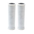 Two cylindrical replacement water filter cartridges with a white mesh exterior and black caps on the top and bottom are standing upright side by side, designed for use in Premiere Sales' PS-PURUF Ultrafiltration System as part of the Fluoride Reduction Filter Kit.