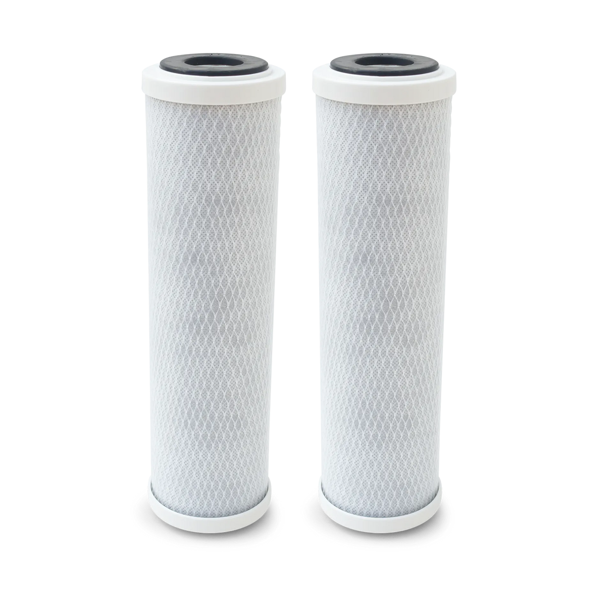 Two cylindrical replacement water filter cartridges with a white mesh exterior and black caps on the top and bottom are standing upright side by side, designed for use in Premiere Sales' PS-PURUF Ultrafiltration System as part of the Fluoride Reduction Filter Kit.