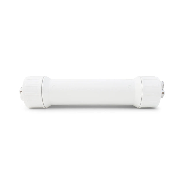 The Replacement Membrane for PS-PURUF / PS-UFPOU1 / PS-PH200 Ultrafiltration Systems by Premiere Sales is a white cylindrical filter cartridge with two screw-on caps on either end, designed for use in water filtration systems, featuring a PS-PURUF ultrafiltration membrane for 0.02 micron filtration.