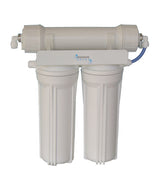 Premiere Sales' Ultrafiltration + Alkaline Water Filter System utilizes ultrafiltration technology and includes two cylindrical filters along with a connecting top unit to enhance water quality by increasing pH levels.