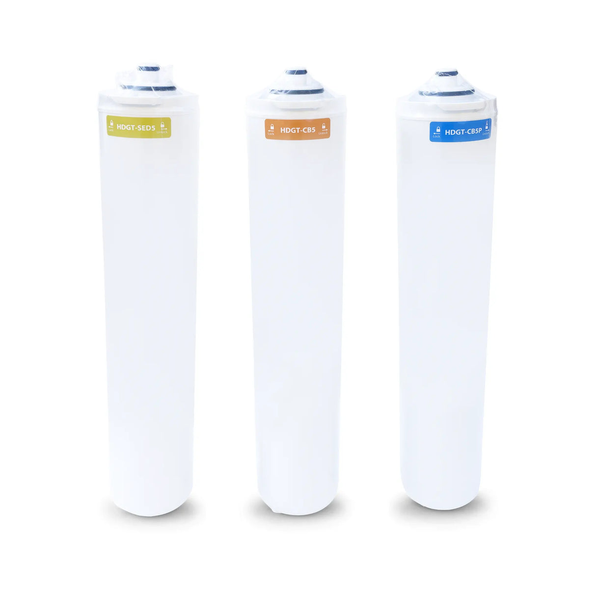 Three cylindrical HydroGuard water filter cartridges labeled HGDT-SED5, HGDT-CB5, and HGDT-CB5P stand side by side against a white background, ideal as replacements from the HydroGuard 1 Year Replacement Water Filter Kit for the HDGT-45 Reverse Osmosis System by Premiere Sales.