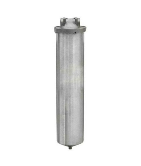 The 20" Filter Housing Stainless Steel (Pentek Big Blue Filter Housing Style) by Premiere Sales is a cylindrical 316L stainless steel hydraulic filter housing with a closed top and a rounded bottom. It is designed for use in various industrial and mechanical systems, ensuring durability and high flow rate.