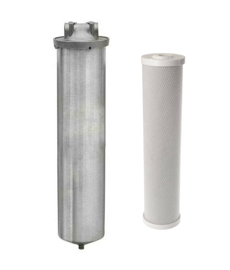 Two cylindrical water filters stand upright: the Anti-Scale Stainless Steel Whole House Water Filter by Premiere Sales with a stainless steel casing on the left and a white, mesh-cased filter on the right. The filter on the left is a carbon block cartridge.