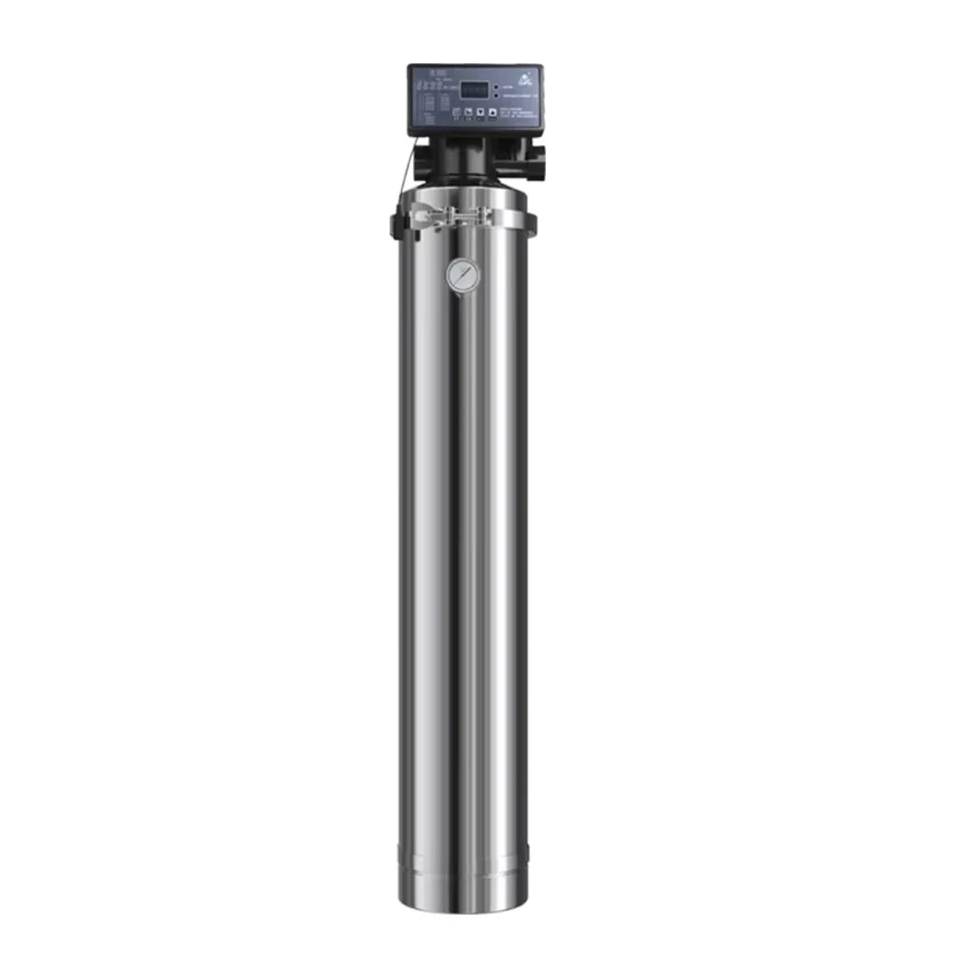 The Premiere Sales Stainless Steel Ultrafiltration System with Auto-Flush is a tall, cylindrical filter featuring advanced ultrafiltration technology, a digital display on top, and a front pressure gauge for premium water quality with modern precision.