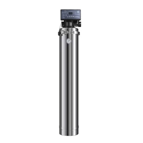 The Premiere Sales Stainless Steel Ultrafiltration System with Auto-Flush is a tall, cylindrical filter featuring advanced ultrafiltration technology, a digital display on top, and a front pressure gauge for premium water quality with modern precision.