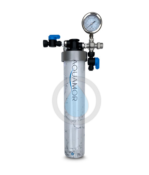 Image of the Premiere Sales Commercial Water Filter System for Coffee and Tea, showcasing a tall cylindrical filter with 0.5 micron filtration capability, a pressure gauge, and control valves at the top. This system boasts an impressive 29,000 gallon capacity.