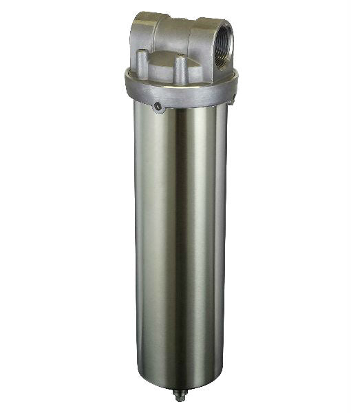 The Stainless Steel Filter Housing SST1HA Aqua Pure AP1610SS by Premiere Sales is an excellent alternative to the 3M Aqua Pure, featuring a cylindrical body and threaded top. It is ideal for whole house water filter systems.