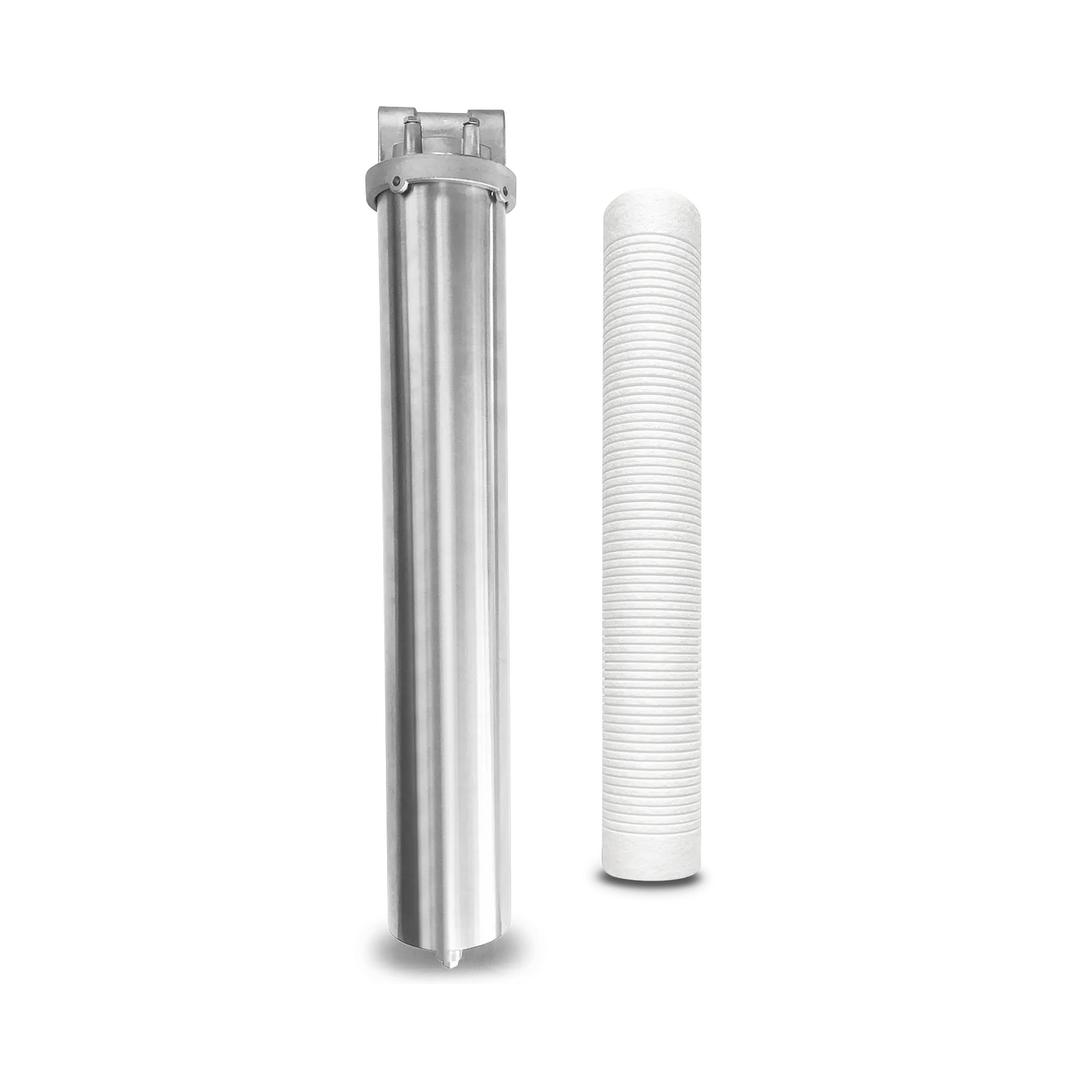 Introducing the Stainless Steel Water Filter System by Premiere Sales, featuring a separate cylindrical white filter cartridge specifically designed to serve as an effective scale inhibitor, ensuring optimal protection and performance for your tankless water heater.