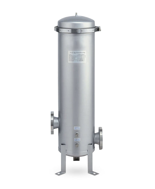 The Premiere Sales 224 GPM Boiler Water Treatment System with Scale Inhibitor Filters, featuring stainless steel filter housing with flanged ports and designed to accommodate sediment/scale inhibitor cartridges, stands upright on a sturdy base.