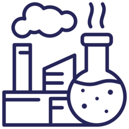 Illustration of an industrial and laboratory setup with a factory, cloud, and a flask with bubbles.