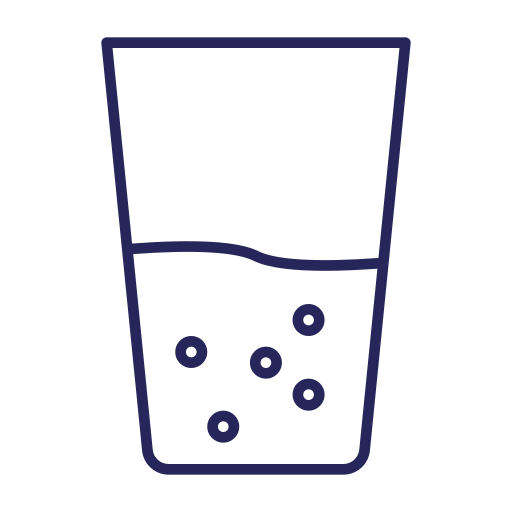 Line drawing of a glass containing a fizzy liquid with bubbles rising to the surface.