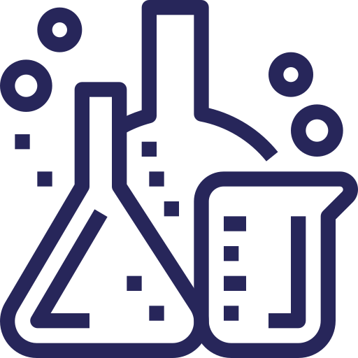 Illustration of three lab glassware items, including a beaker, a conical flask, and a round-bottom flask, with bubbles, indicating a scientific experiment.