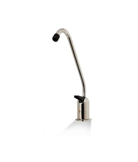 A sleek, curved stainless steel faucet with a single lever for water control and built-in water filtration, featuring the Alkaline Reverse Osmosis Water – HydroGuard HDGT-45 + Alkaline Filter System by Premiere Sales.